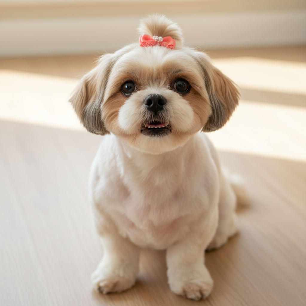 Mochi, a Shih Tzu, after grooming at Pawsh — coat trimmed in a puppy cut with a coral bow