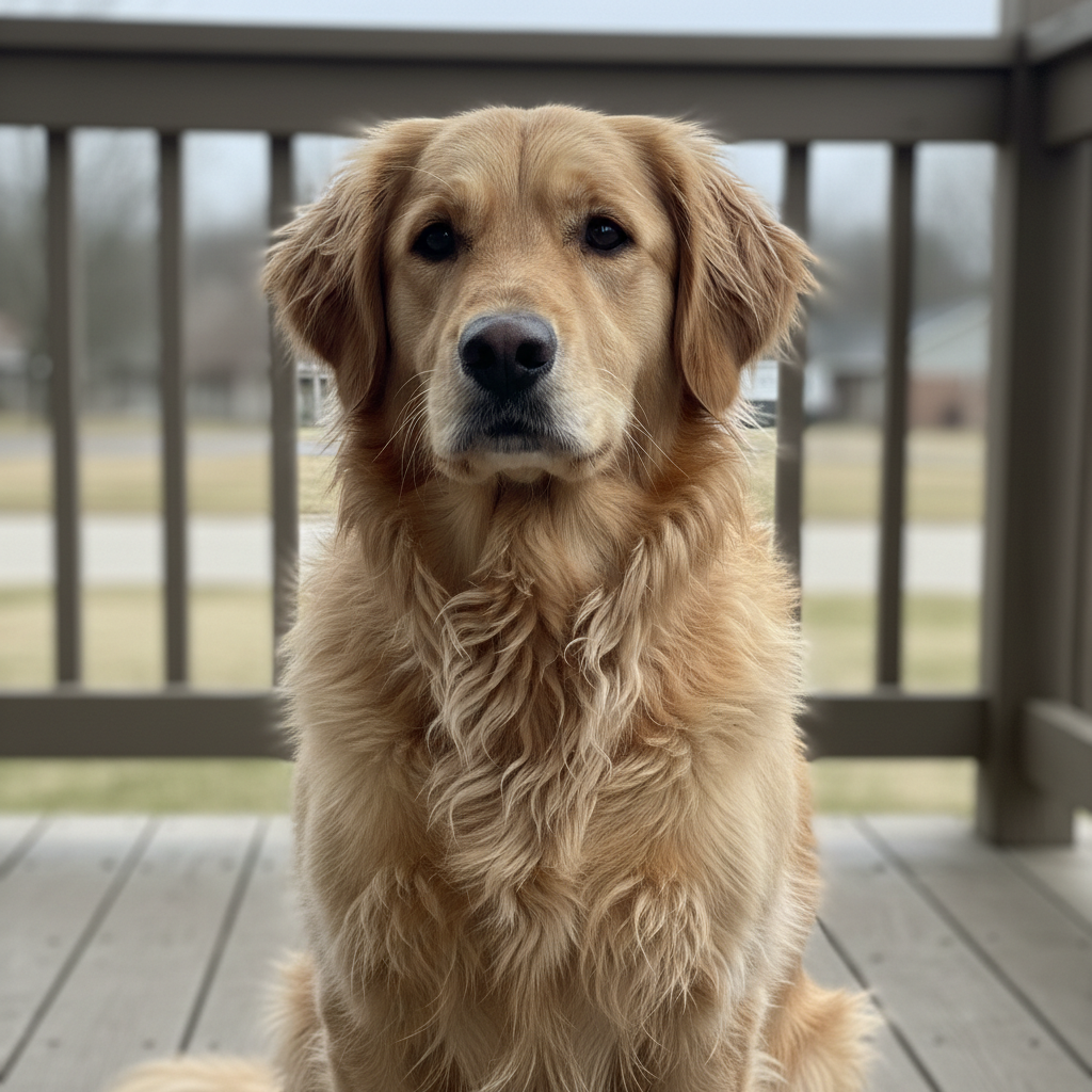 Biscuit, a Golden Retriever mix, before grooming — coat matted and overgrown