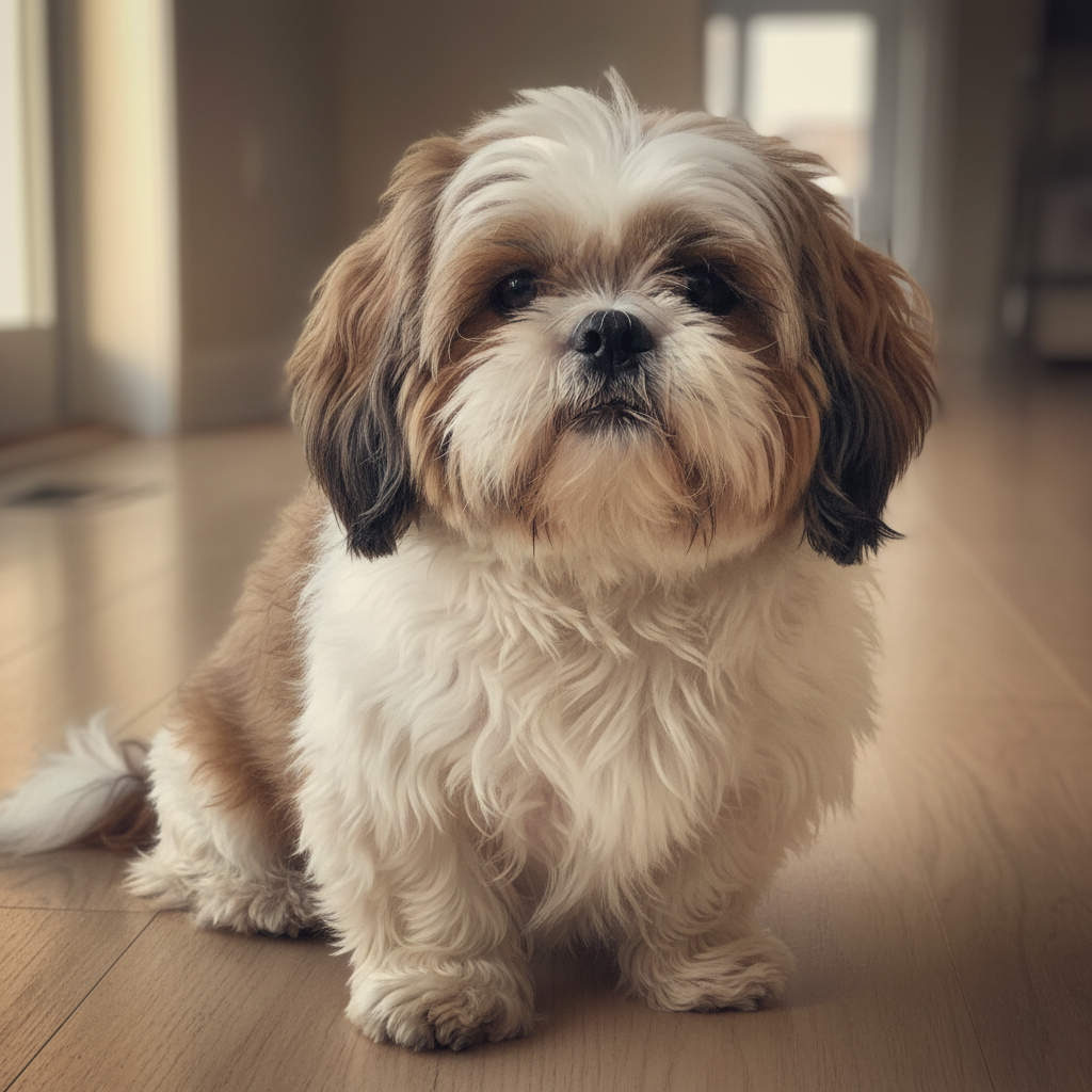 Mochi, a Shih Tzu, before grooming — coat overgrown and covering eyes