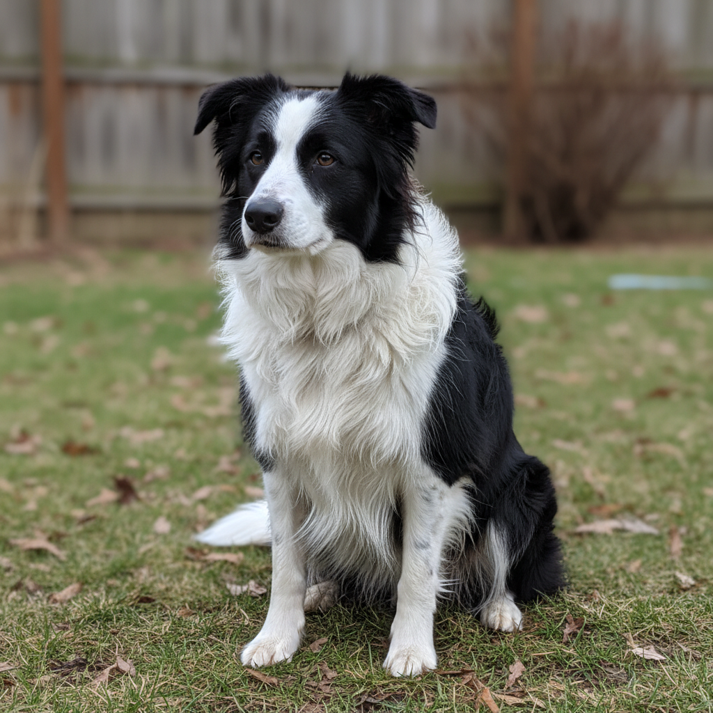 Pepper, a Border Collie mix, before grooming — coat thick and shedding heavily