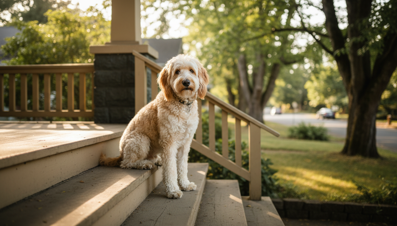 A freshly groomed fluffy doodle dog sitting calmly on a Craftsman porch in SE Portland