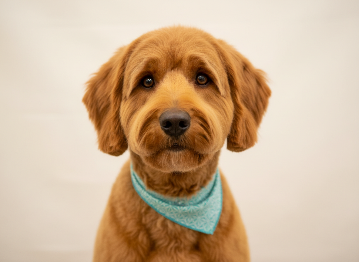 A goldendoodle mix with a fresh, fluffy teddy-bear trim after grooming at Pawsh