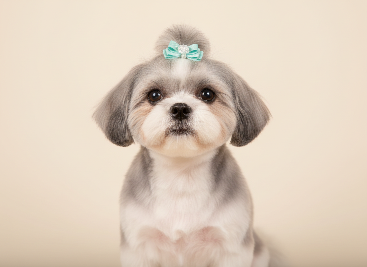 A Shih Tzu with a neat, clean puppy cut and bow after professional grooming at Pawsh