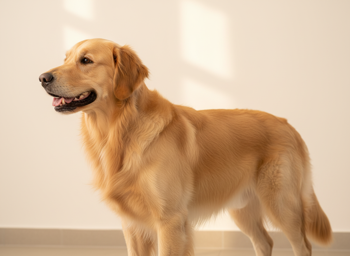 A Golden Retriever with a clean, gleaming coat after a de-shedding treatment at Pawsh