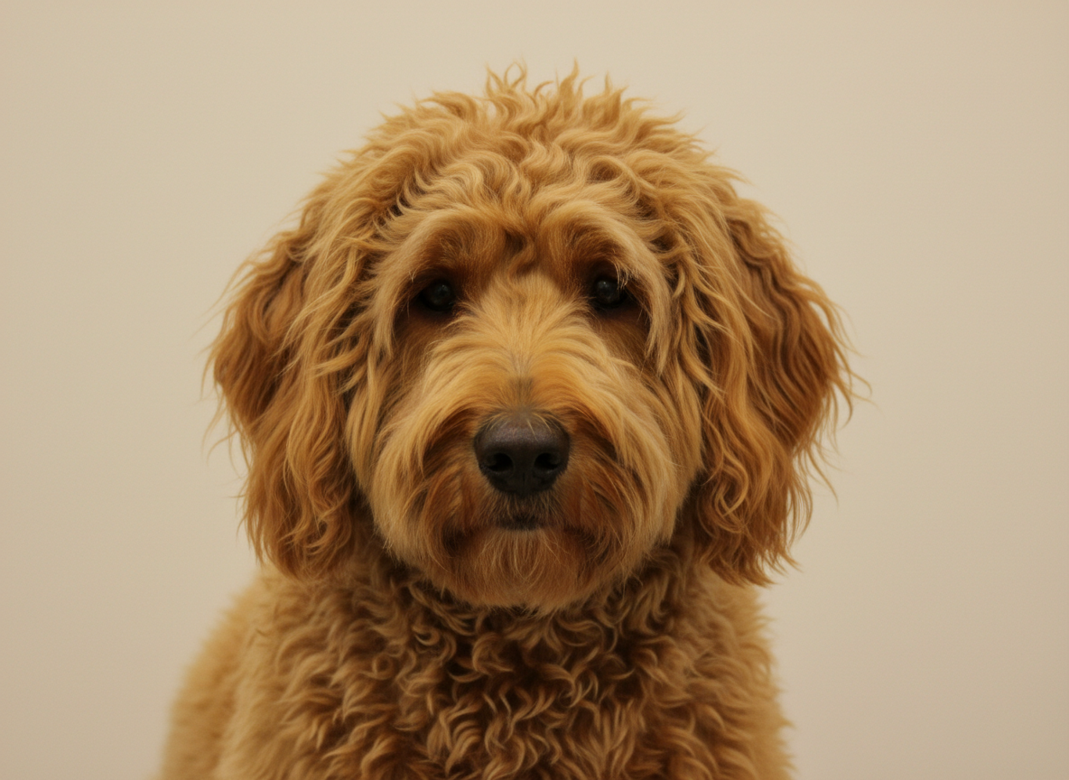 A goldendoodle mix with an overgrown, matted coat before grooming