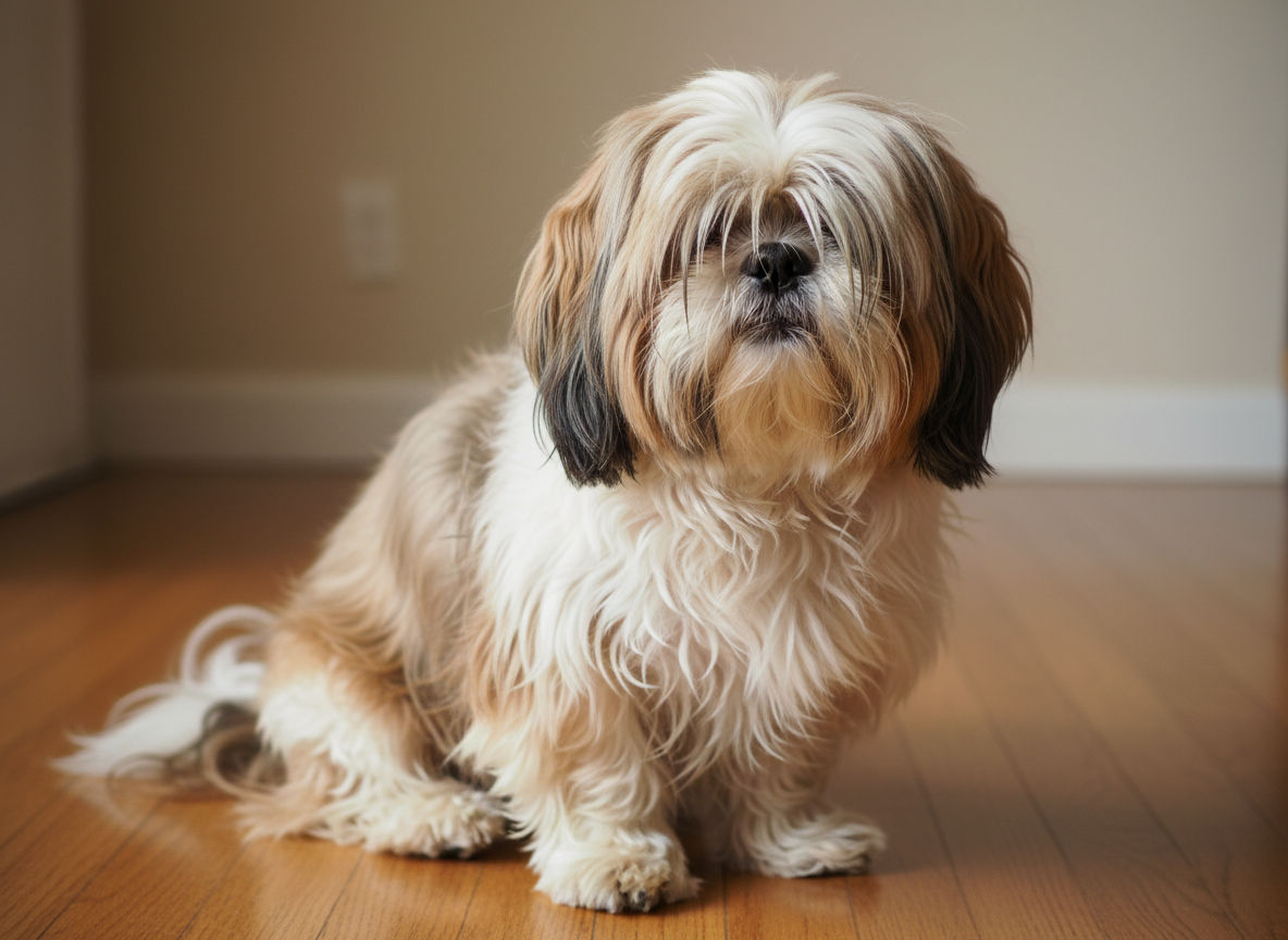 A Shih Tzu with severely overgrown, matted fur covering its eyes, before grooming