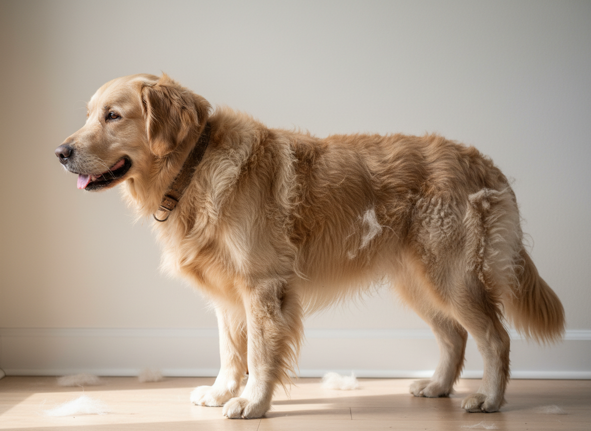 A Golden Retriever with a heavy, shedding coat before a de-shedding treatment