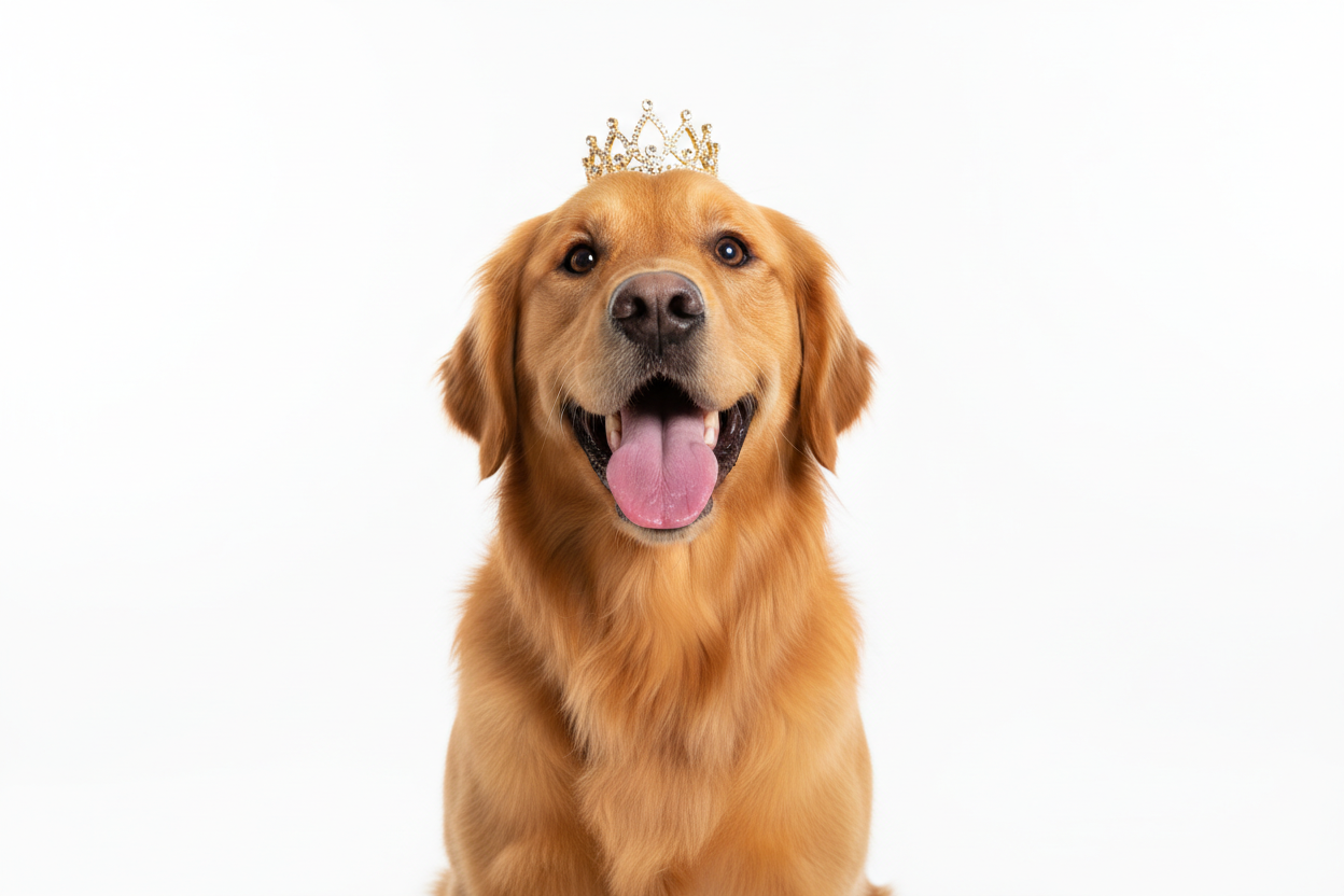A happy, freshly groomed golden retriever smiling joyfully after a mobile grooming session
