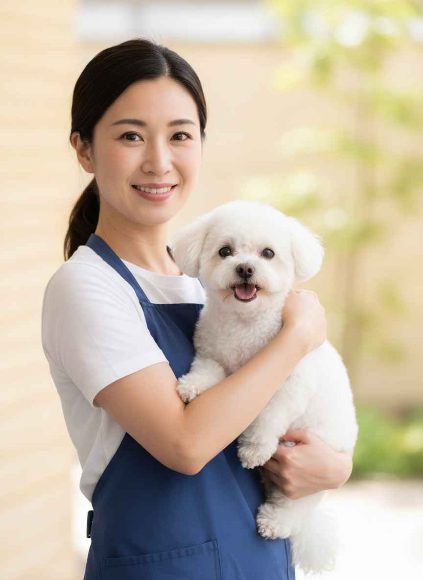 Sarah Chen, owner of Pawsh Pet Grooming, holding a fluffy white dog and smiling
